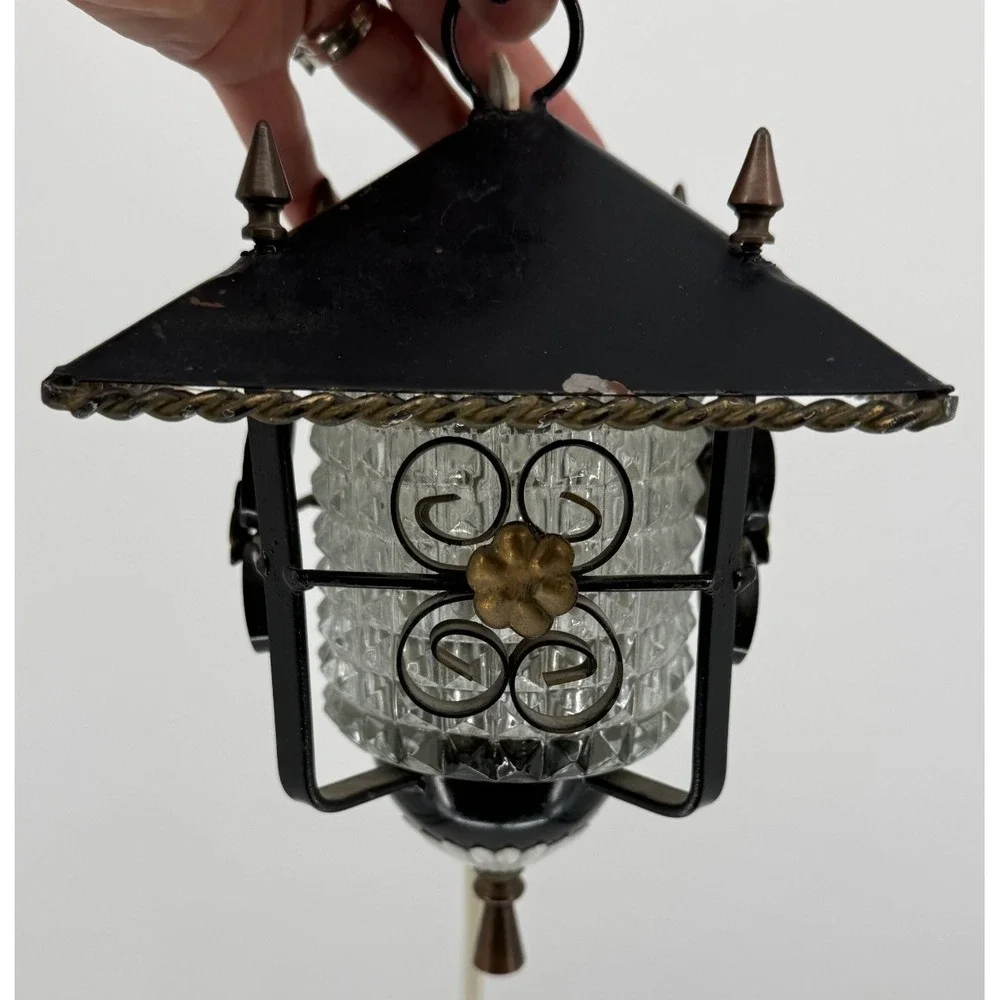 Spanish Revival Gothic Tudor Hanging Lamp Black Metal Plug In Lantern